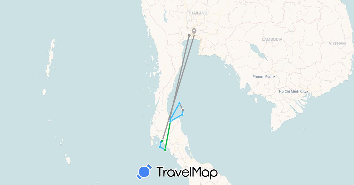TravelMap itinerary: bus, plane, boat in Thailand (Asia)