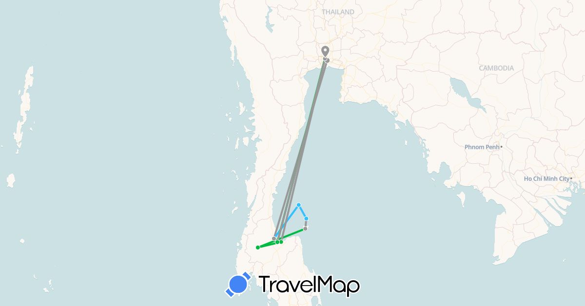 TravelMap itinerary: bus, plane, boat in Thailand (Asia)