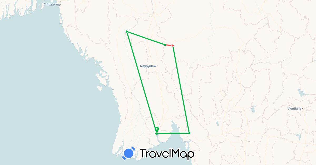 TravelMap itinerary: driving, bus, hiking in Myanmar (Burma) (Asia)